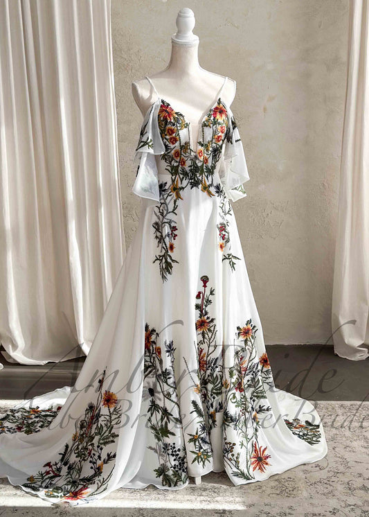 Colorful Floral A-Line Wedding Dress with Detachable Off-Shoulder Sleeves