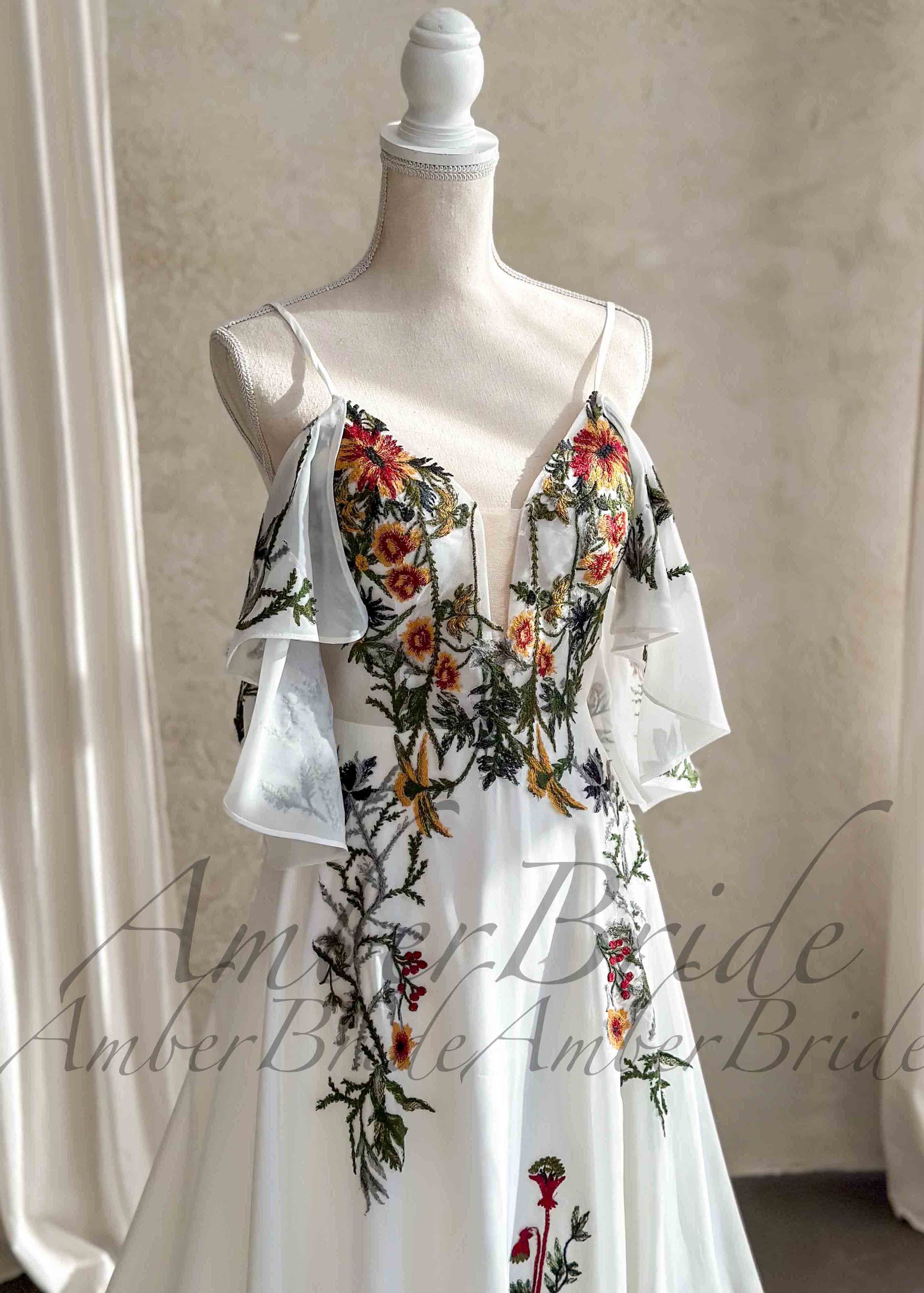 Colorful Floral Wedding Dress with Off-Shoulder Sleeves Colorful Floral Wedding Dress with Off-Shoulder Sleeves