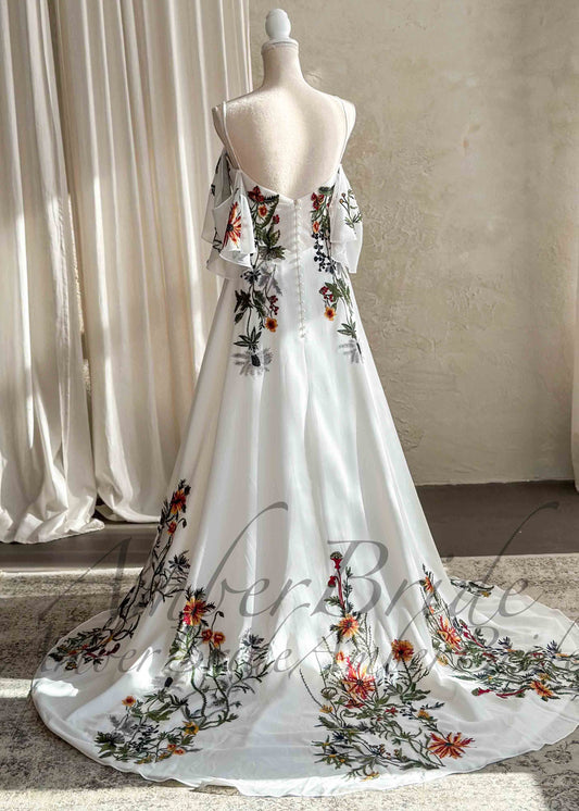 Colorful Floral A-Line Wedding Dress with Detachable Off-Shoulder Sleeves