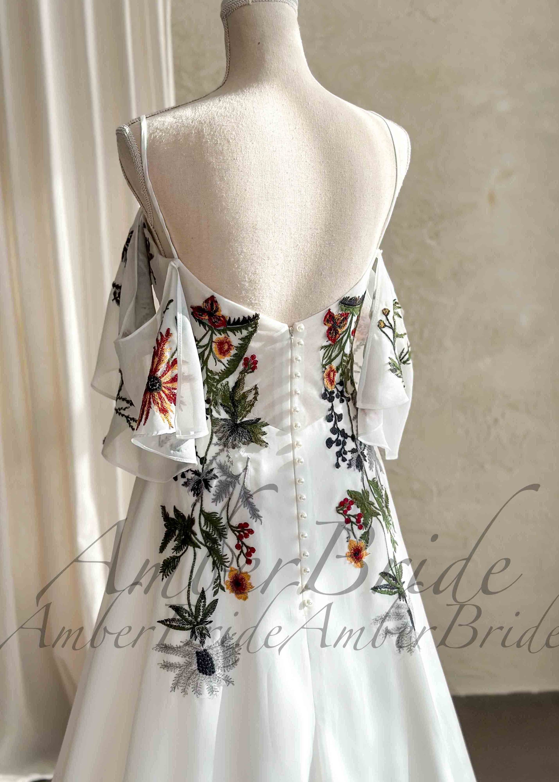 Colorful Floral Wedding Dress with Off-Shoulder Sleeves