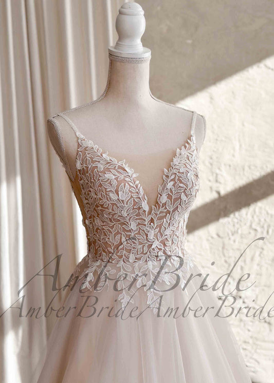 Rustic A-Line Wedding Dress with Floral Appliques and Spaghetti Straps – front view, on dress form | AmberBride