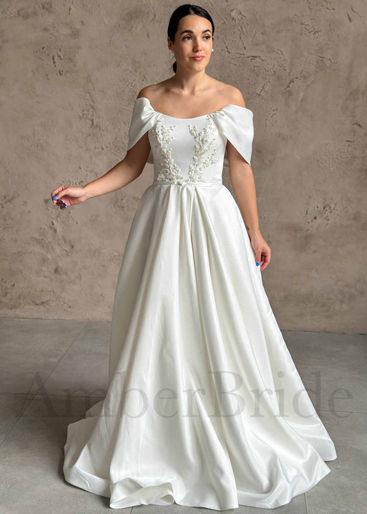 A Line Glitter Satin Wedding Dress with Off Shoulder Design and Floral Appliques