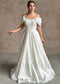 A Line Glitter Satin Wedding Dress with Off Shoulder Design and Floral Appliques