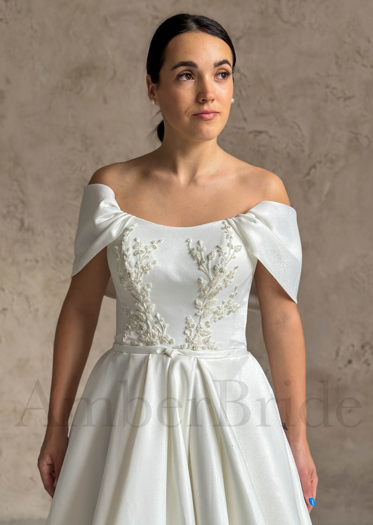 A Line Glitter Satin Wedding Dress with Off Shoulder Design and Floral Appliques