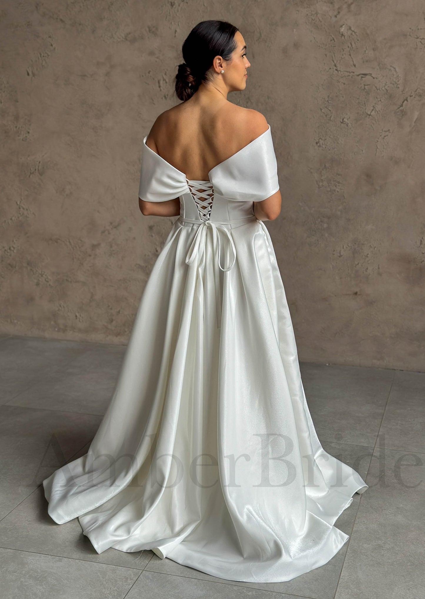 A Line Glitter Satin Wedding Dress with Off Shoulder Design and Floral Appliques
