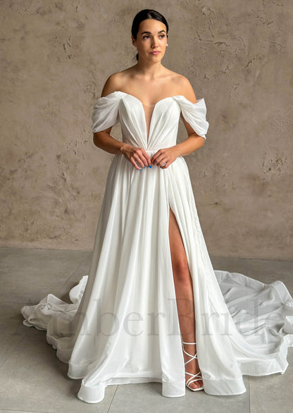 Elegant A Line Chiffon Wedding Dress with Off Shoulder Deep V Neckline