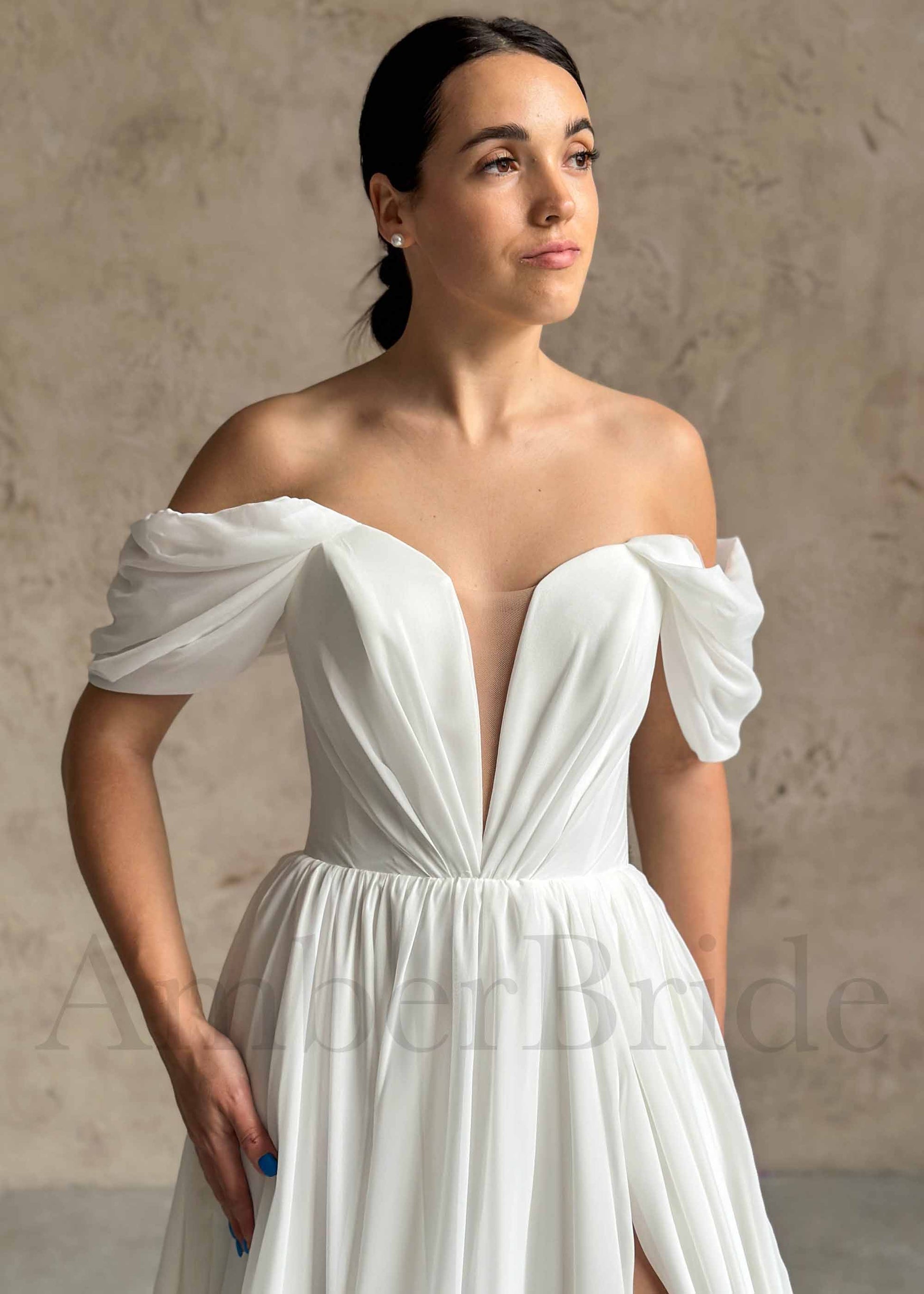 Elegant A Line Chiffon Wedding Dress with Off Shoulder Deep V Neckline