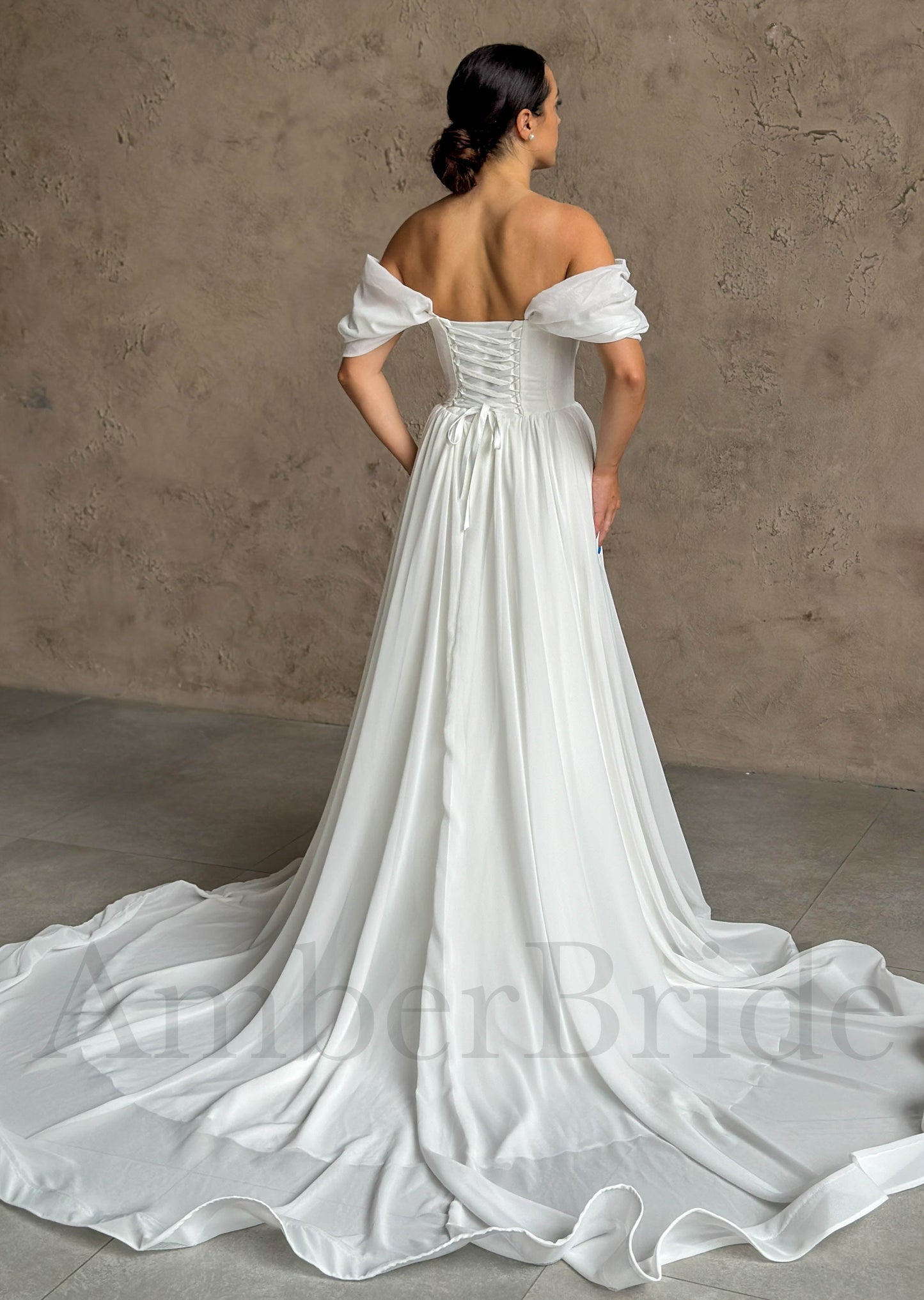 Elegant A Line Chiffon Wedding Dress with Off Shoulder Deep V Neckline