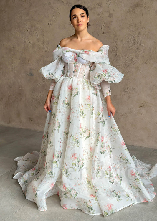Romantic A Line Organza Wedding Dress with Floral Print and Detachable Bishop Sleeves