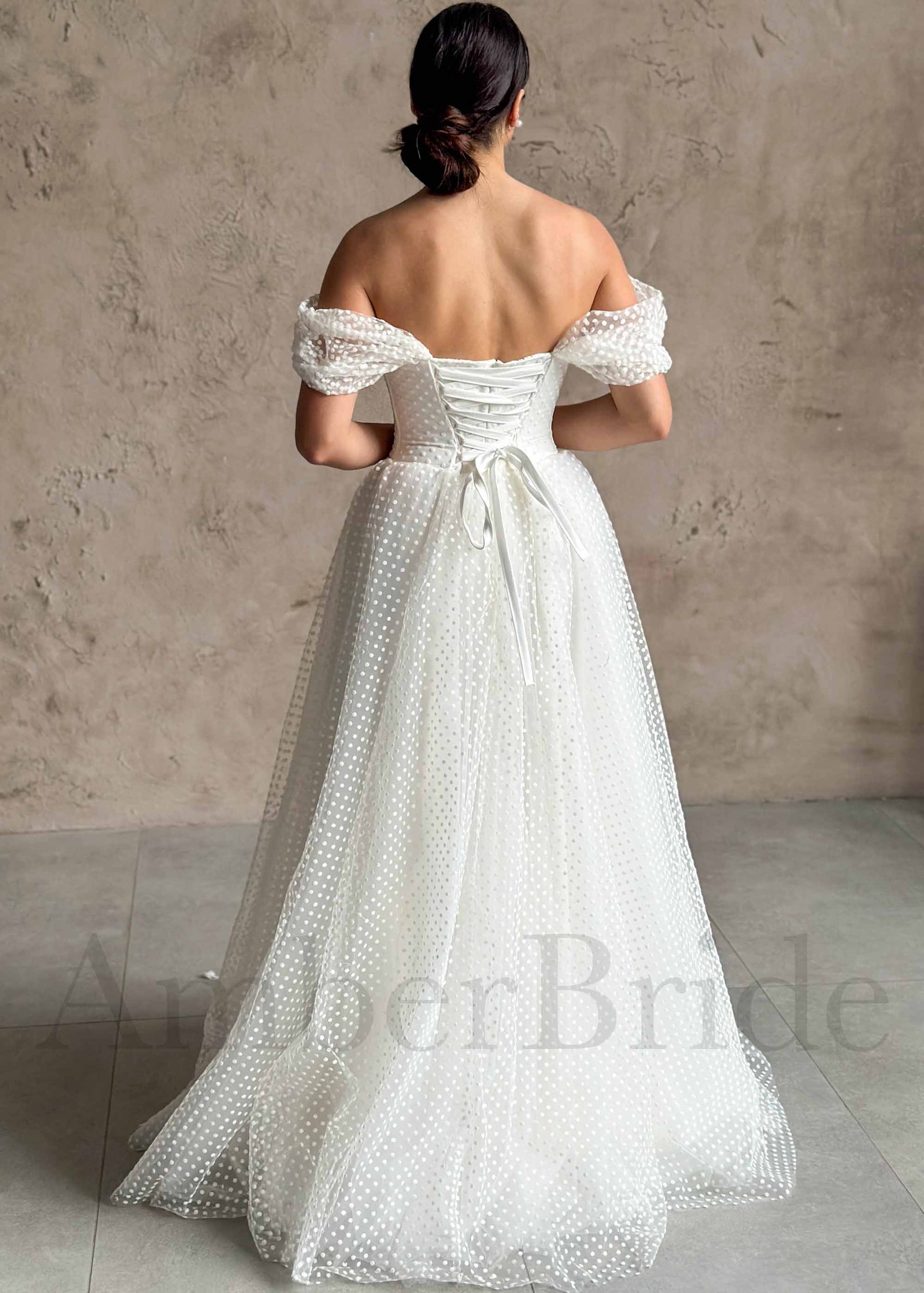 Elegant A Line Tulle Wedding Dress with Polka Dot and Off Shoulder Design