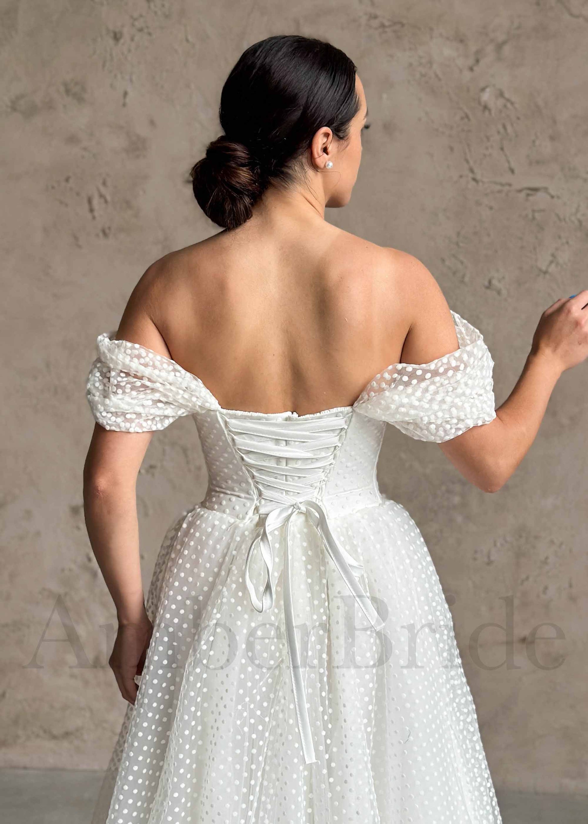 Elegant A Line Tulle Wedding Dress with Polka Dot and Off Shoulder Design