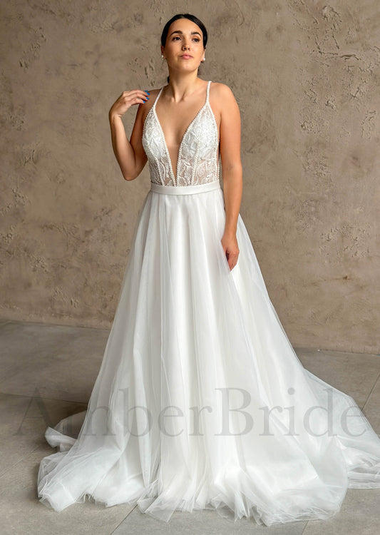 Rustic A Line Tulle Wedding Dress with Flower Appliques and Deep V Neck