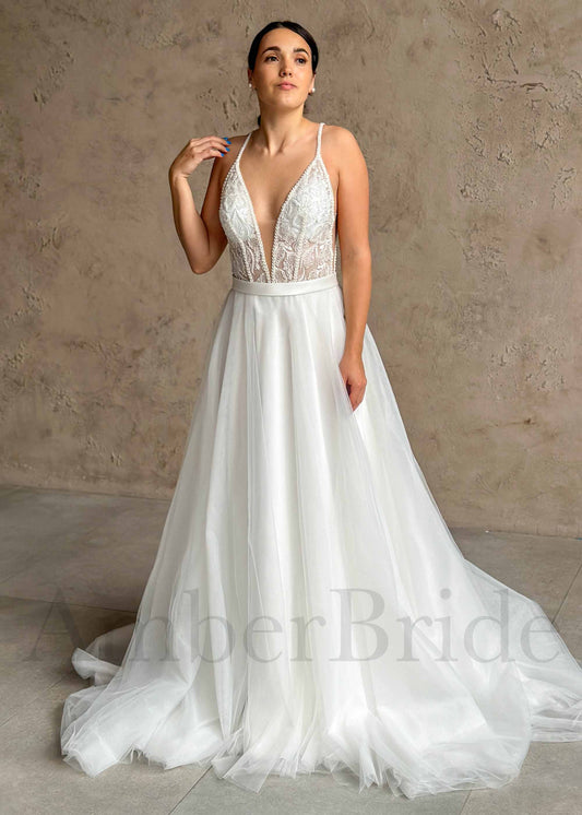 Rustic A-Line Tulle Wedding Dress with Flower Appliques and Deep V Neck – front view | AmberBride