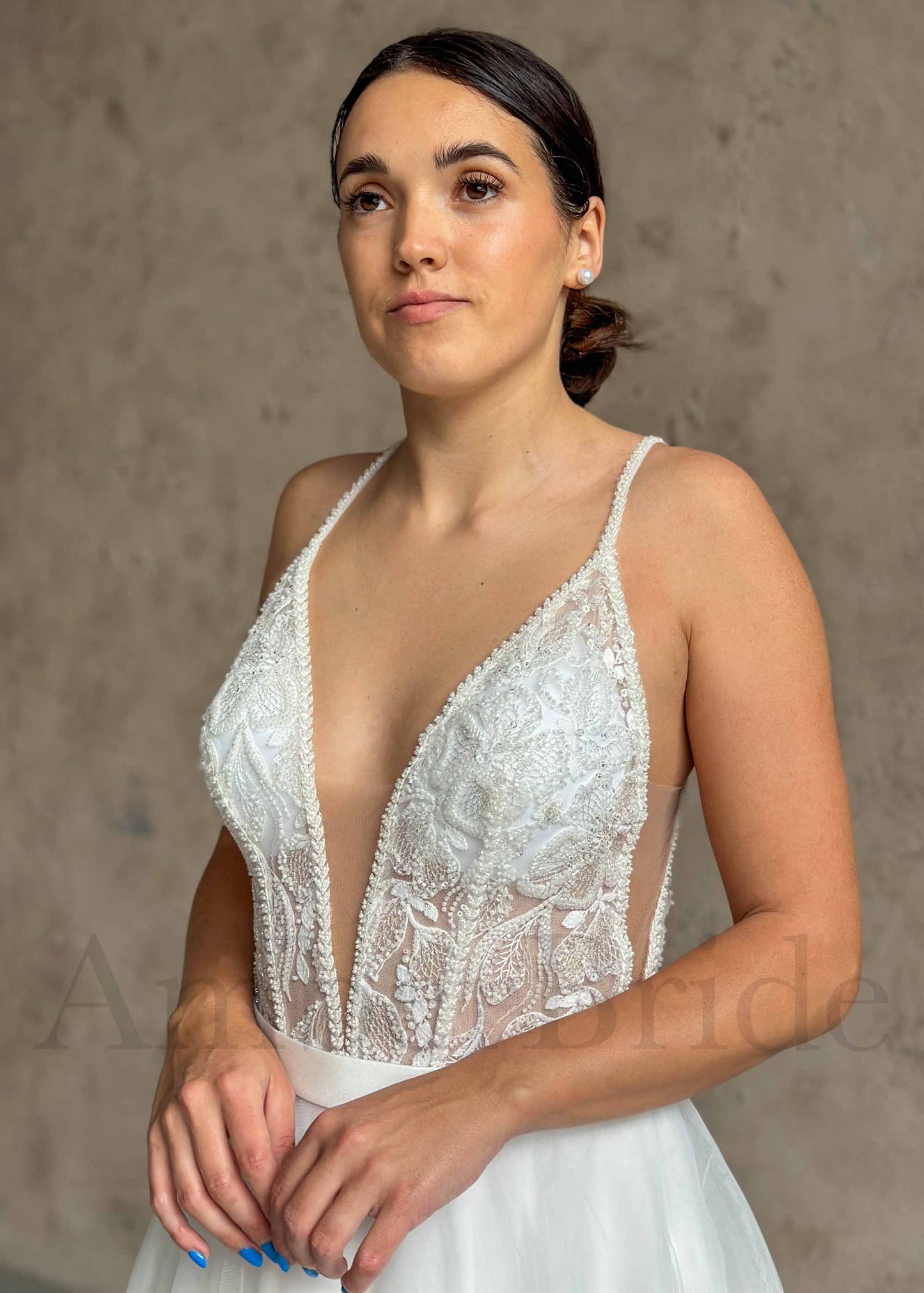 Rustic A Line Tulle Wedding Dress with Flower Appliques and Deep V Neck