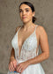 Rustic A Line Tulle Wedding Dress with Flower Appliques and Deep V Neck