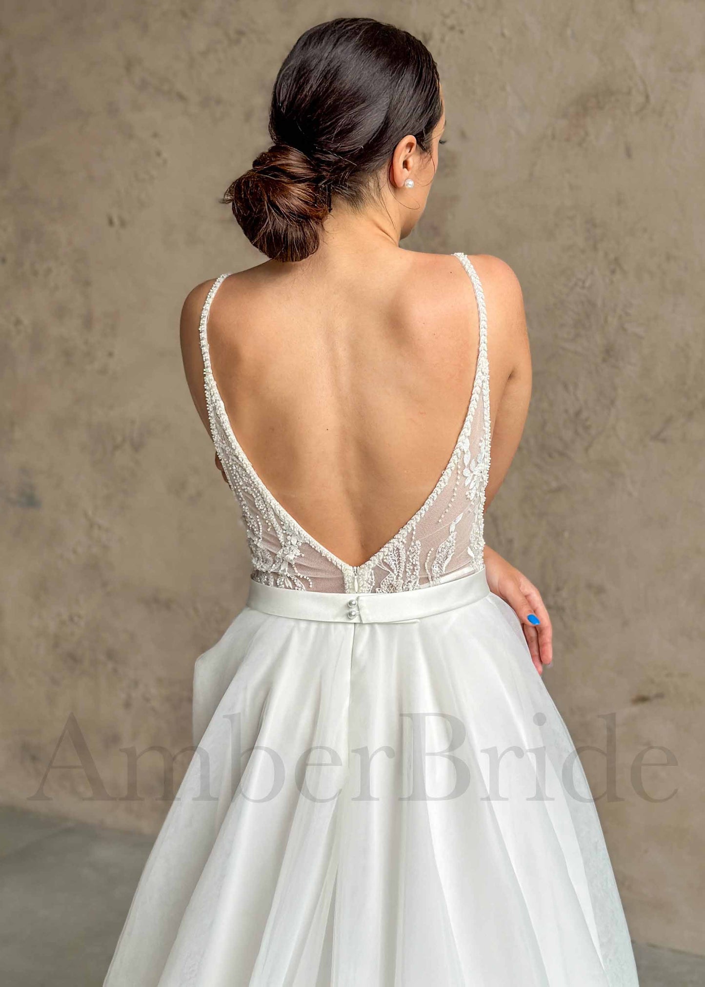 Rustic A Line Tulle Wedding Dress with Flower Appliques and Deep V Neck