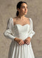 Exquisite A Line Satin Wedding Dress with Bishop Sleeves and Illusion Pearls Design