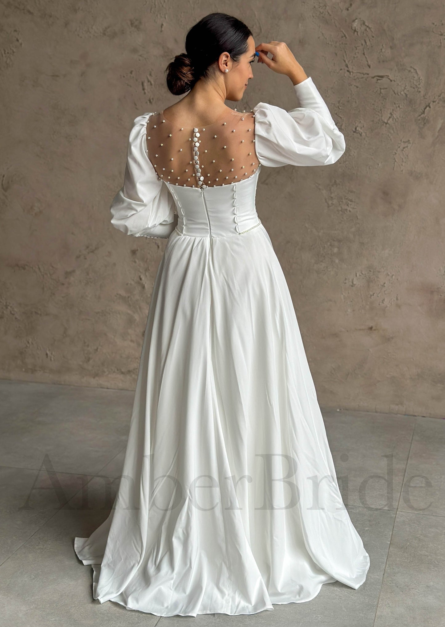 Exquisite A Line Satin Wedding Dress with Bishop Sleeves and Illusion Pearls Design