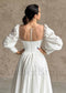 Exquisite A Line Satin Wedding Dress with Bishop Sleeves and Illusion Pearls Design