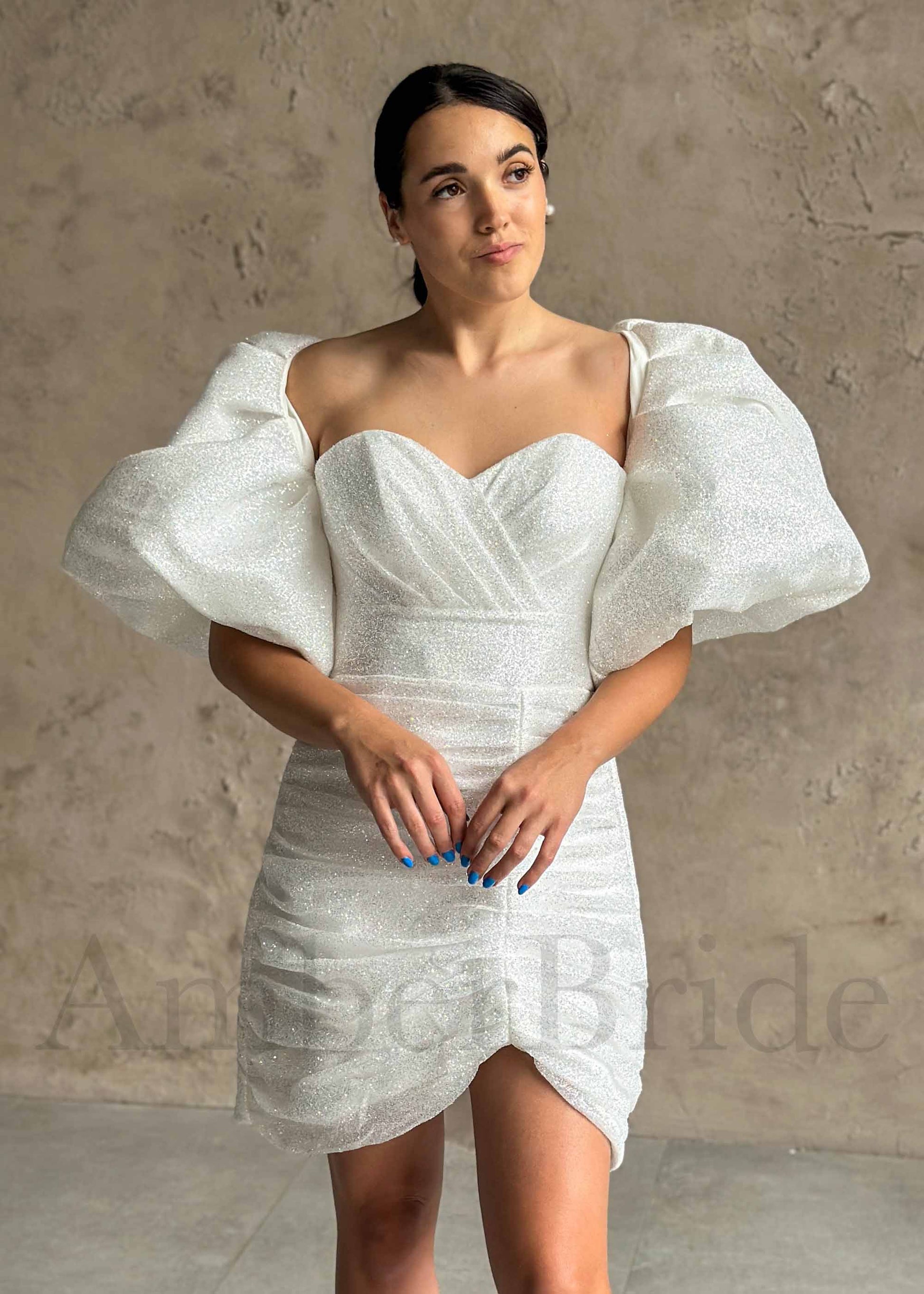Glitter Organza Short Wedding Dress with Detachable Sleeves | AmberBride Glitter Organza Short Wedding Dress with Detachable Sleeves | AmberBride