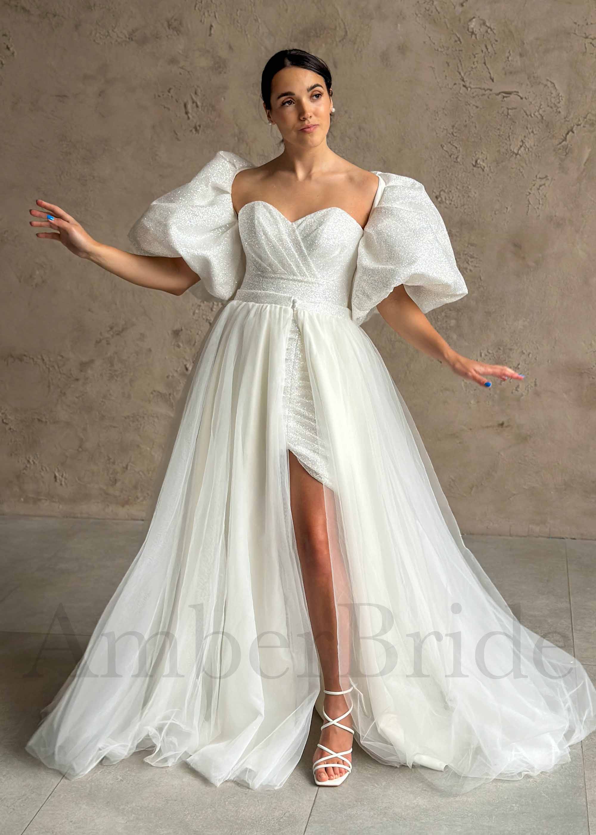 Glitter Organza Short Wedding Dress with Detachable Sleeves