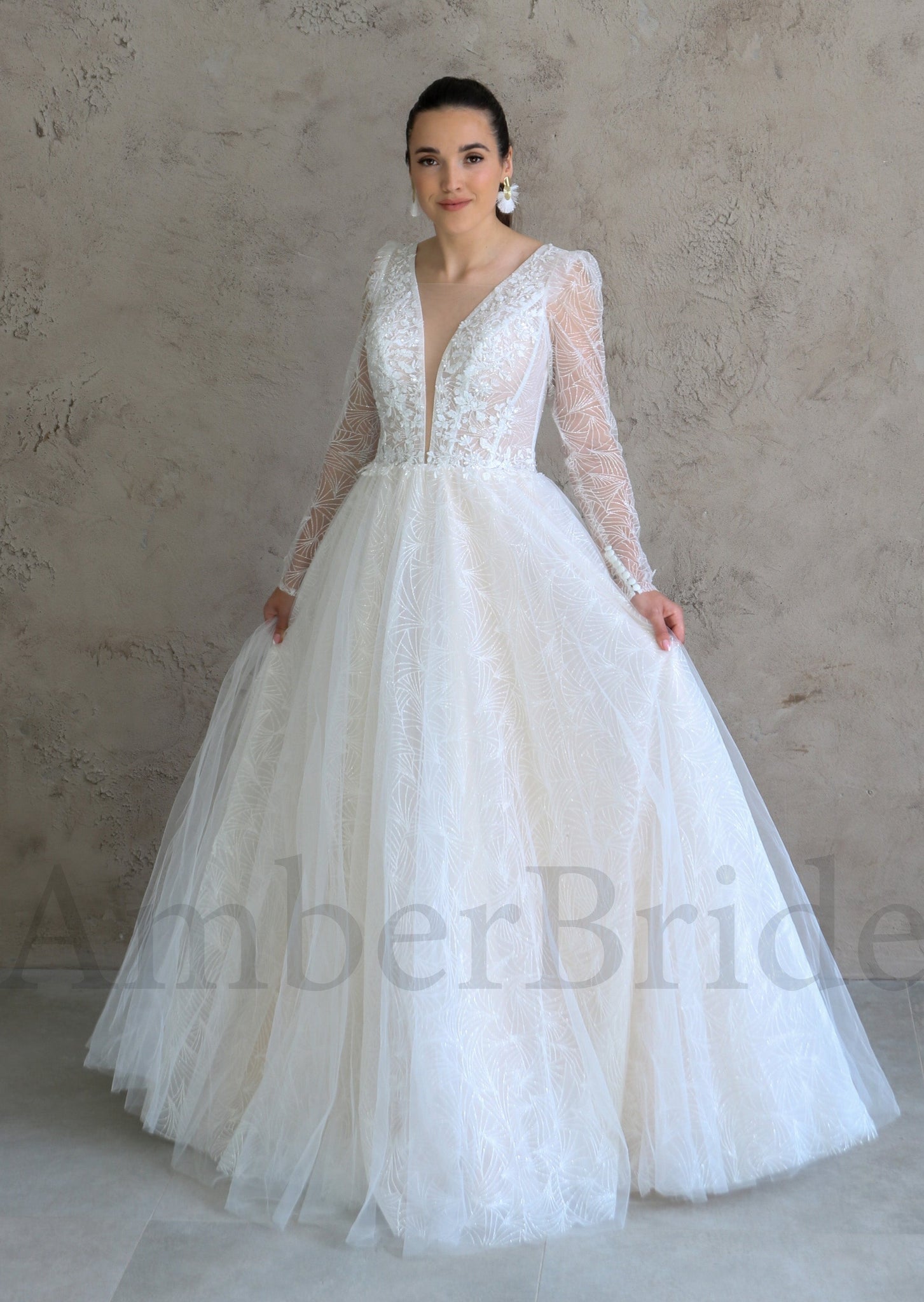 Boho A Line Tulle Wedding Dress with Long Sleeves and Deep V-Neck