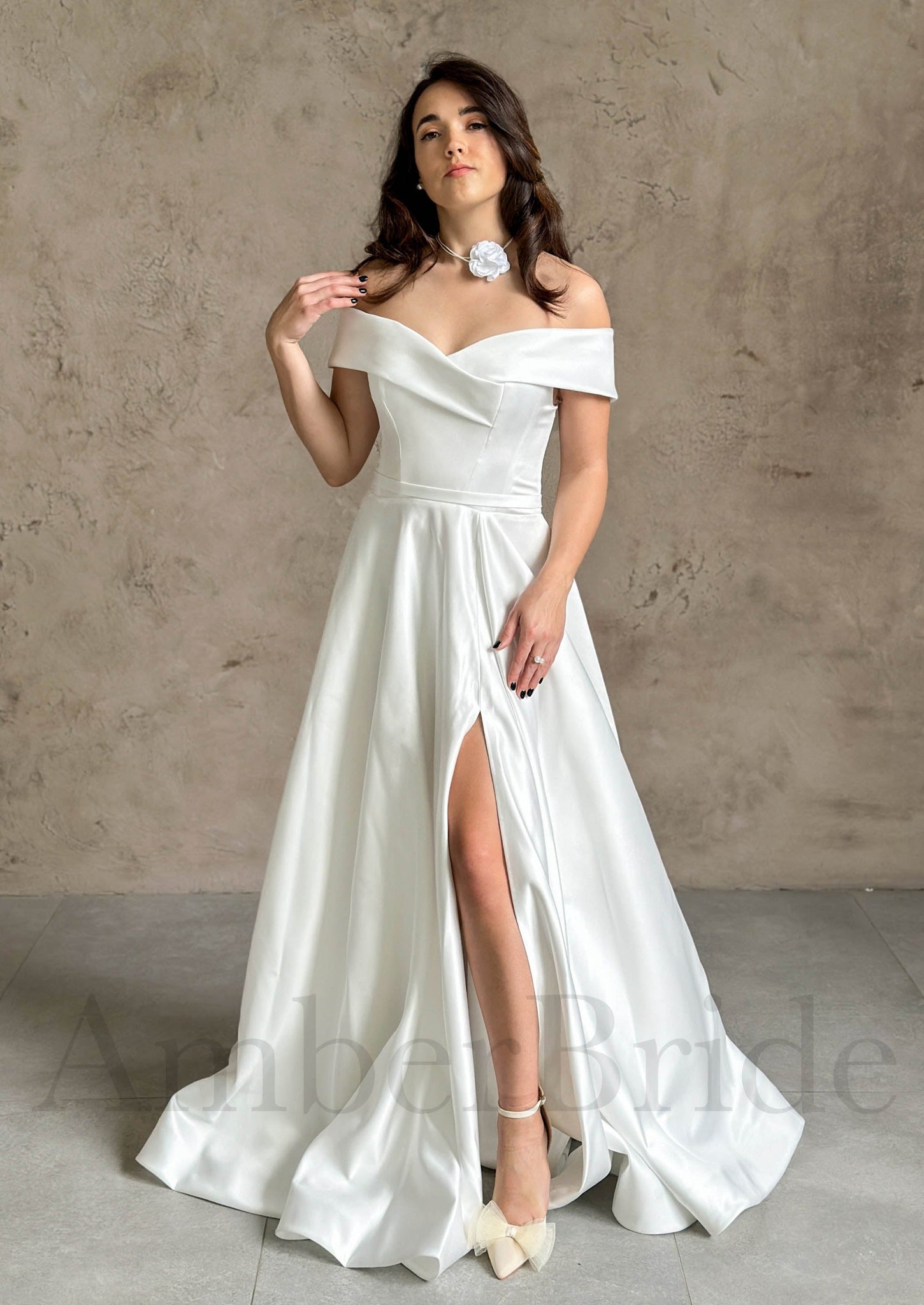 Simple A-Line Satin Wedding Dress with Off-Shoulder Sweetheart Neckline and Corset