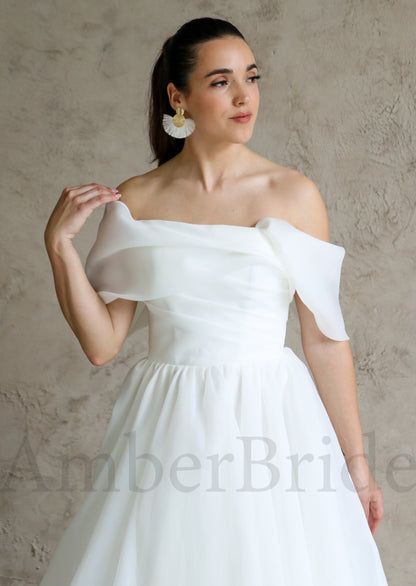 Simple Organza Off Shoulder Wedding Dress with Corset and Straight Neckline