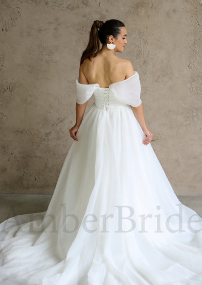 Simple Organza Off Shoulder Wedding Dress with Corset and Straight Neckline
