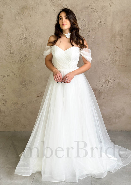 Simple A Line Tulle Wedding Dress with Off the Shoulder Sweetheart Neckline