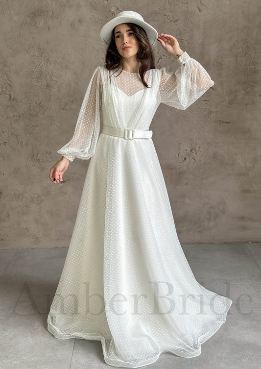 Boho A Line Tulle Wedding Dress with Sheer Bishop Sleeves and Polka Dot Design
