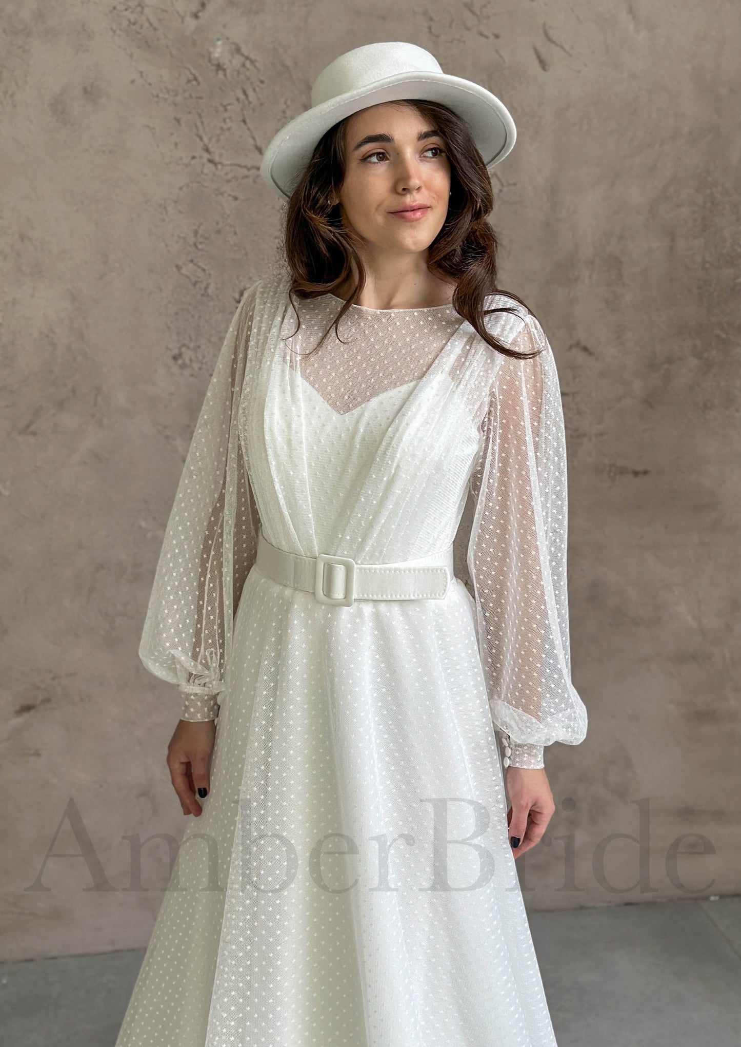 Boho A Line Tulle Wedding Dress with Sheer Bishop Sleeves and Polka Dot Design