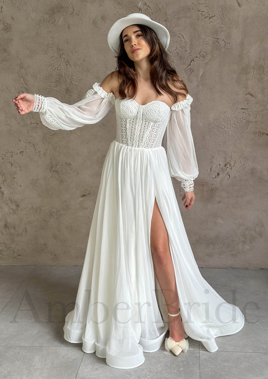 Boho A Line Lace Wedding Dress with Chiffon Skirt and Off Shoulder Bishop Sleeves