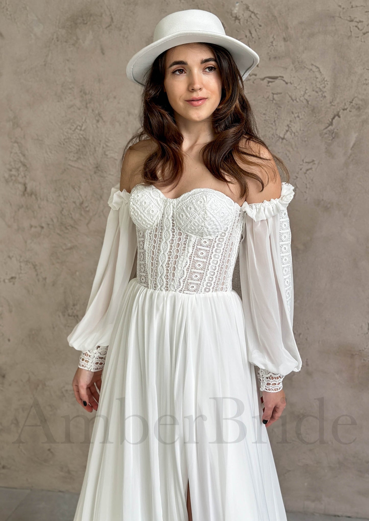 Boho A Line Lace Wedding Dress with Chiffon Skirt and Off Shoulder Bishop Sleeves