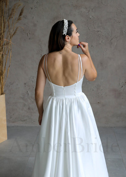 Minimalist Satin Wedding Dress with Spaghetti Straps and Backless Design