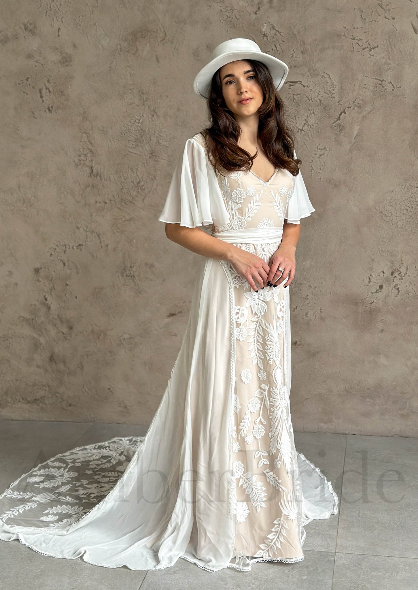 Boho A-Line Chiffon Wedding Dress with Lace Flowers, Cape Sleeve and Backless Design