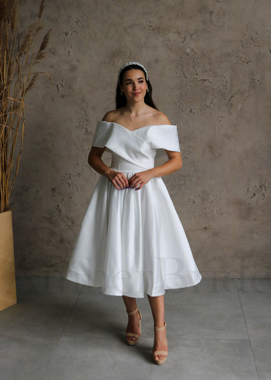 Simple Tea Length Satin Wedding Dress with Off Shoulder Design