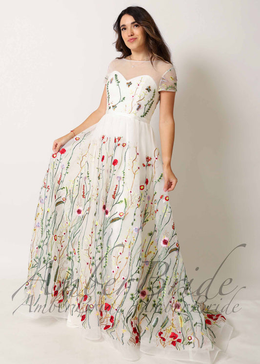 Romantic A-Line Wedding Dress with Colorful Embroidered Flowers