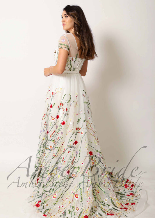 Romantic A-Line Wedding Dress with Colorful Embroidered Flowers