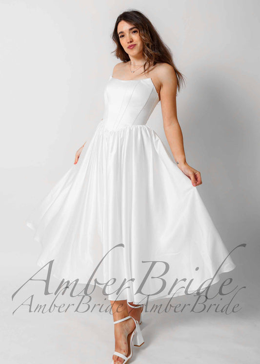 Tea-Length Wedding Reception Dress with Basque Waistline and Satin Bodice