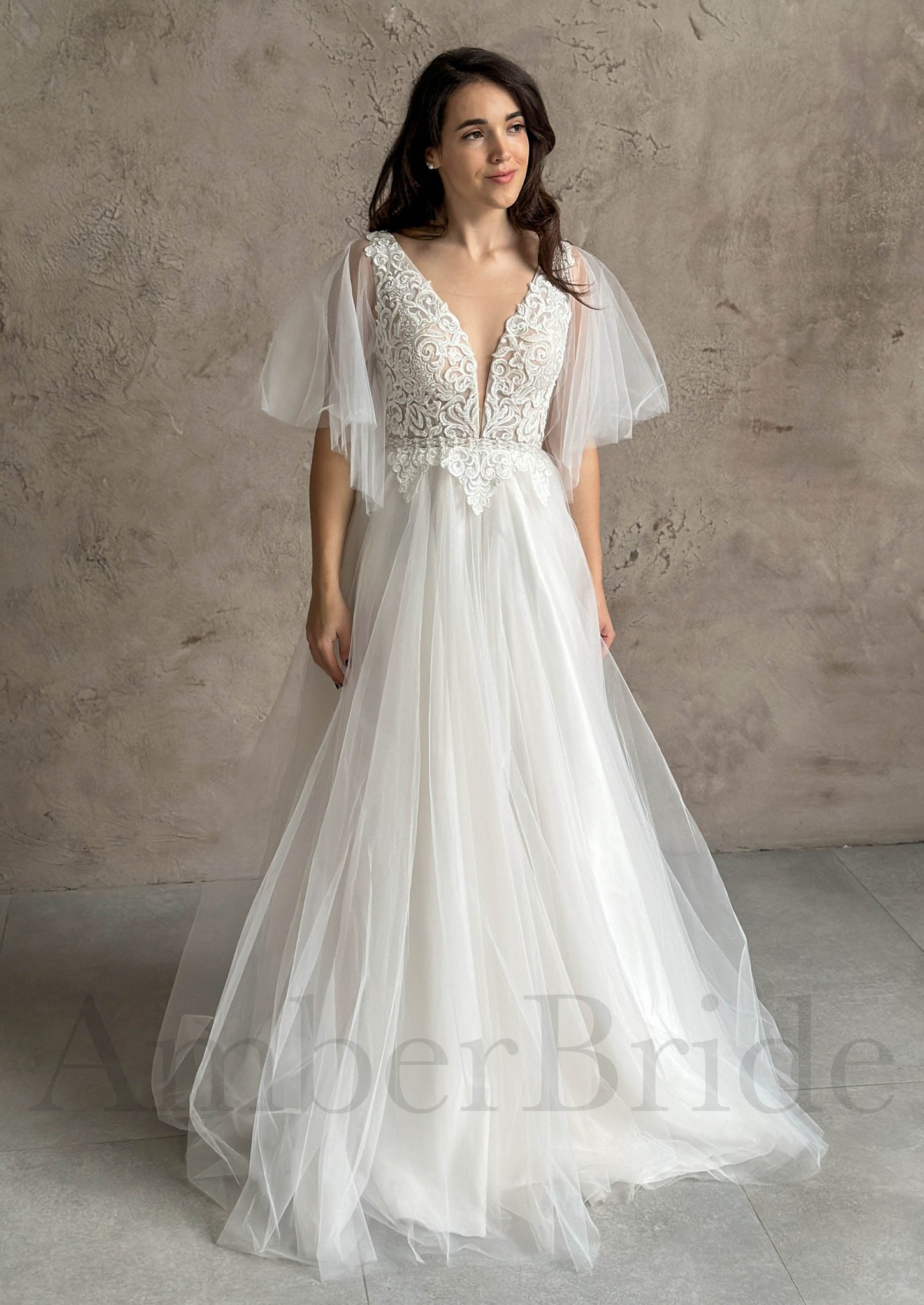 Boho A Line Tulle Wedding Dress with Cape Sleeves and Deep V Lace Top