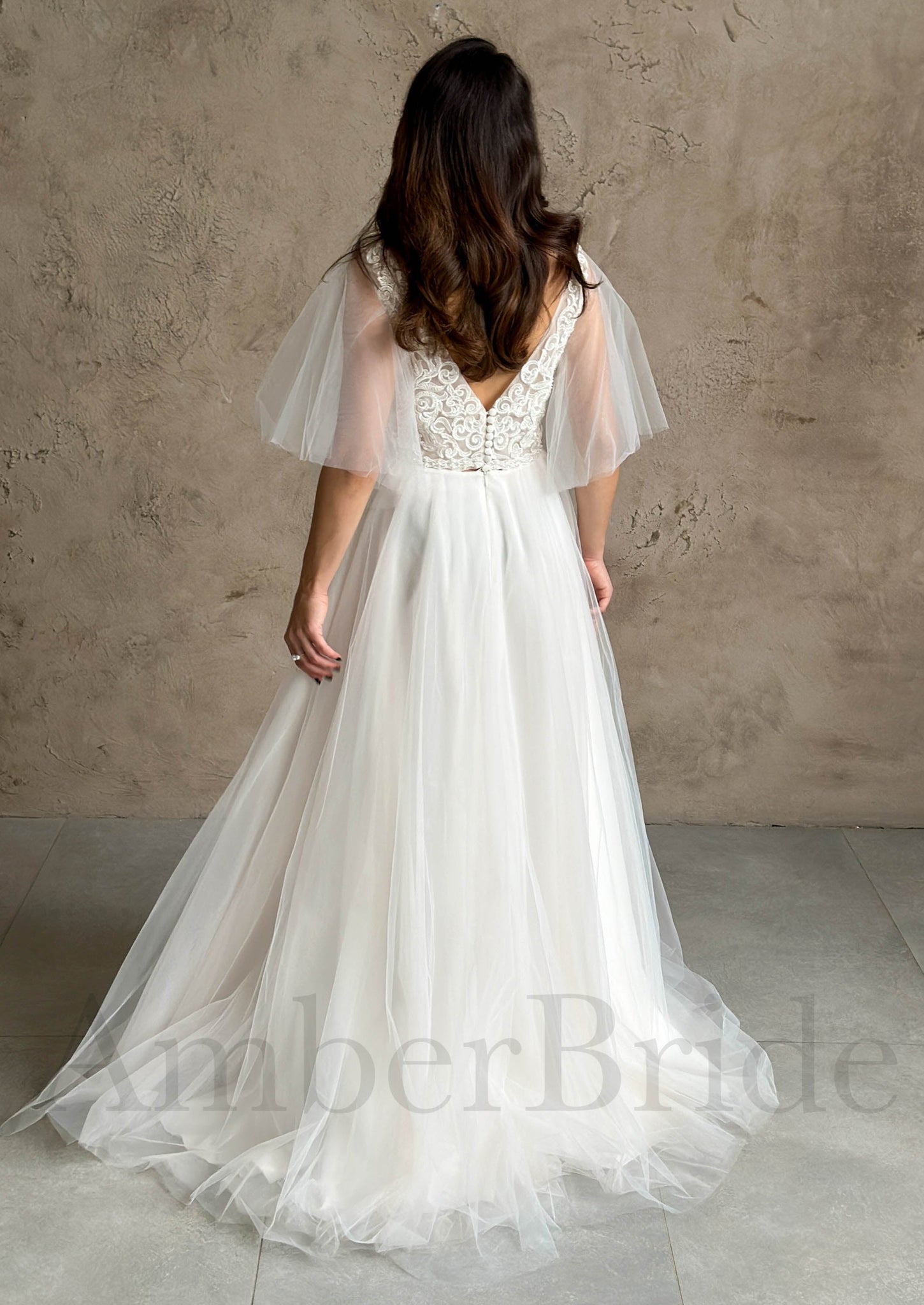 Boho A Line Tulle Wedding Dress with Cape Sleeves and Deep V Lace Top
