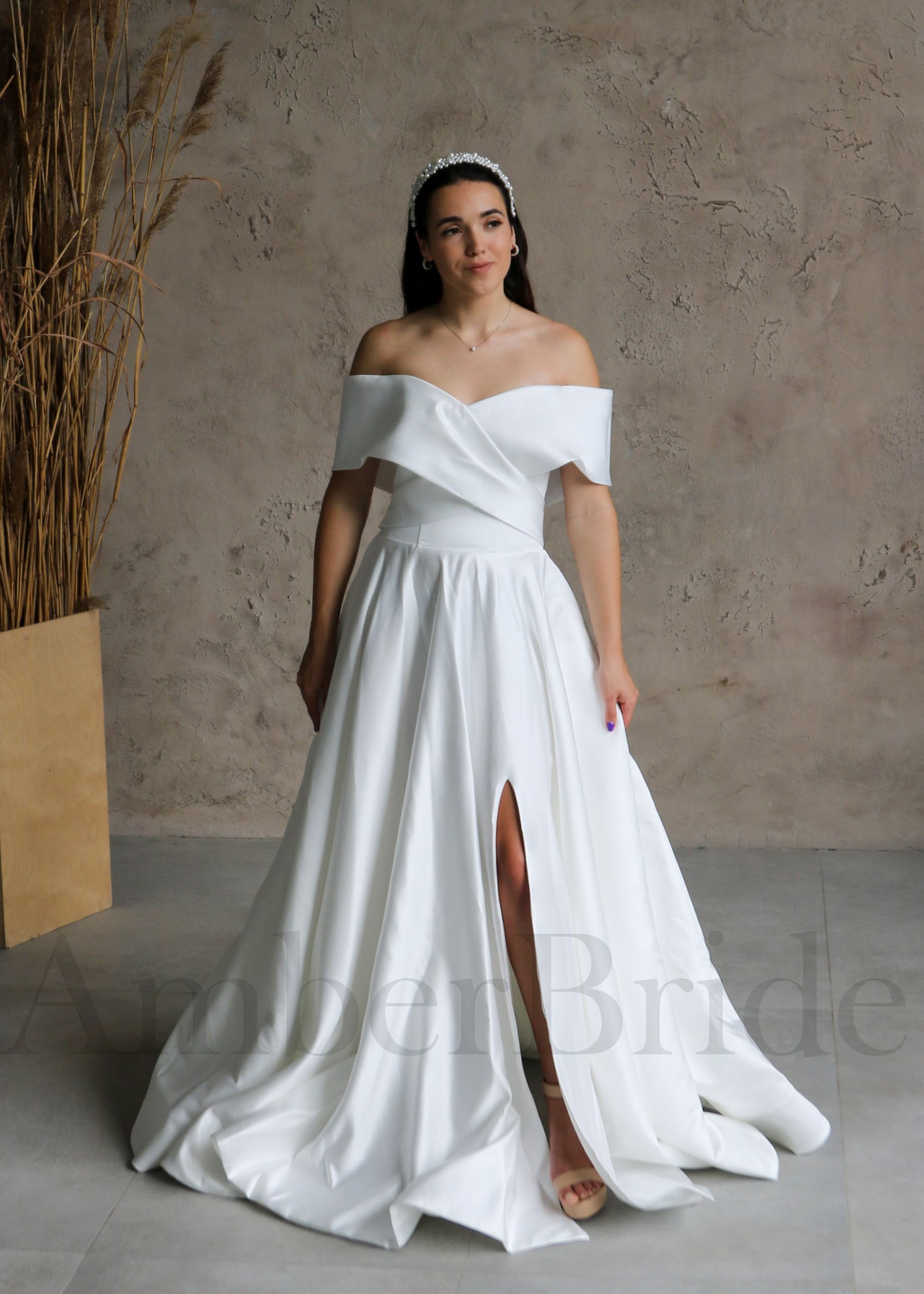 Simple A Line Satin Wedding Dress with Off Shoulder Design and Slit