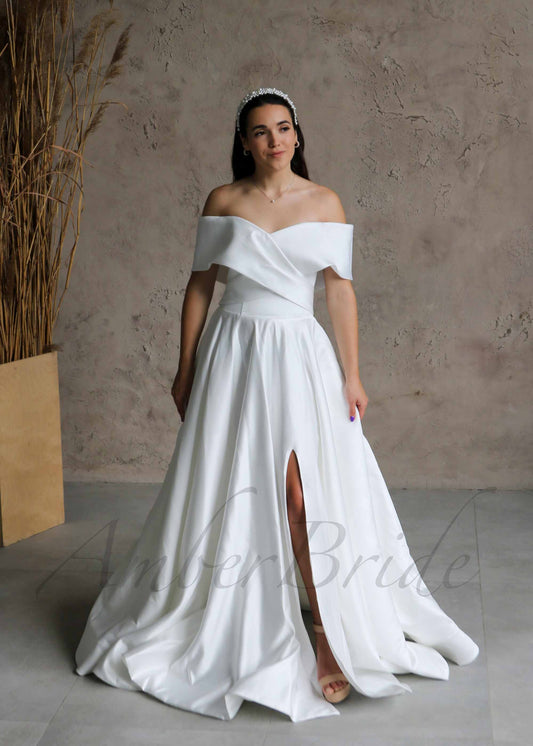 Simple A Line Satin Wedding Dress with Off Shoulder Design and Slit