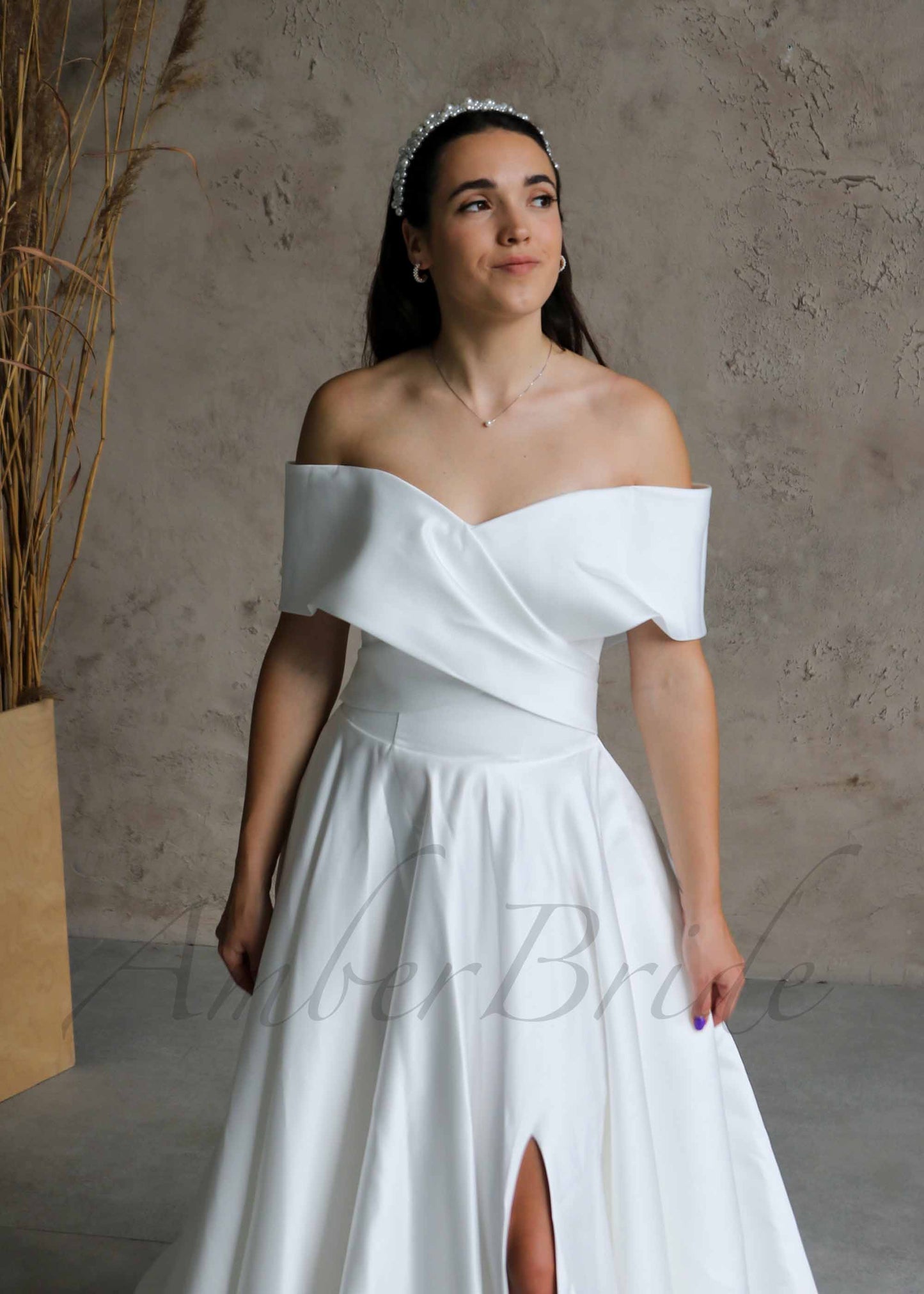 Simple A Line Satin Wedding Dress with Off Shoulder Design and Slit