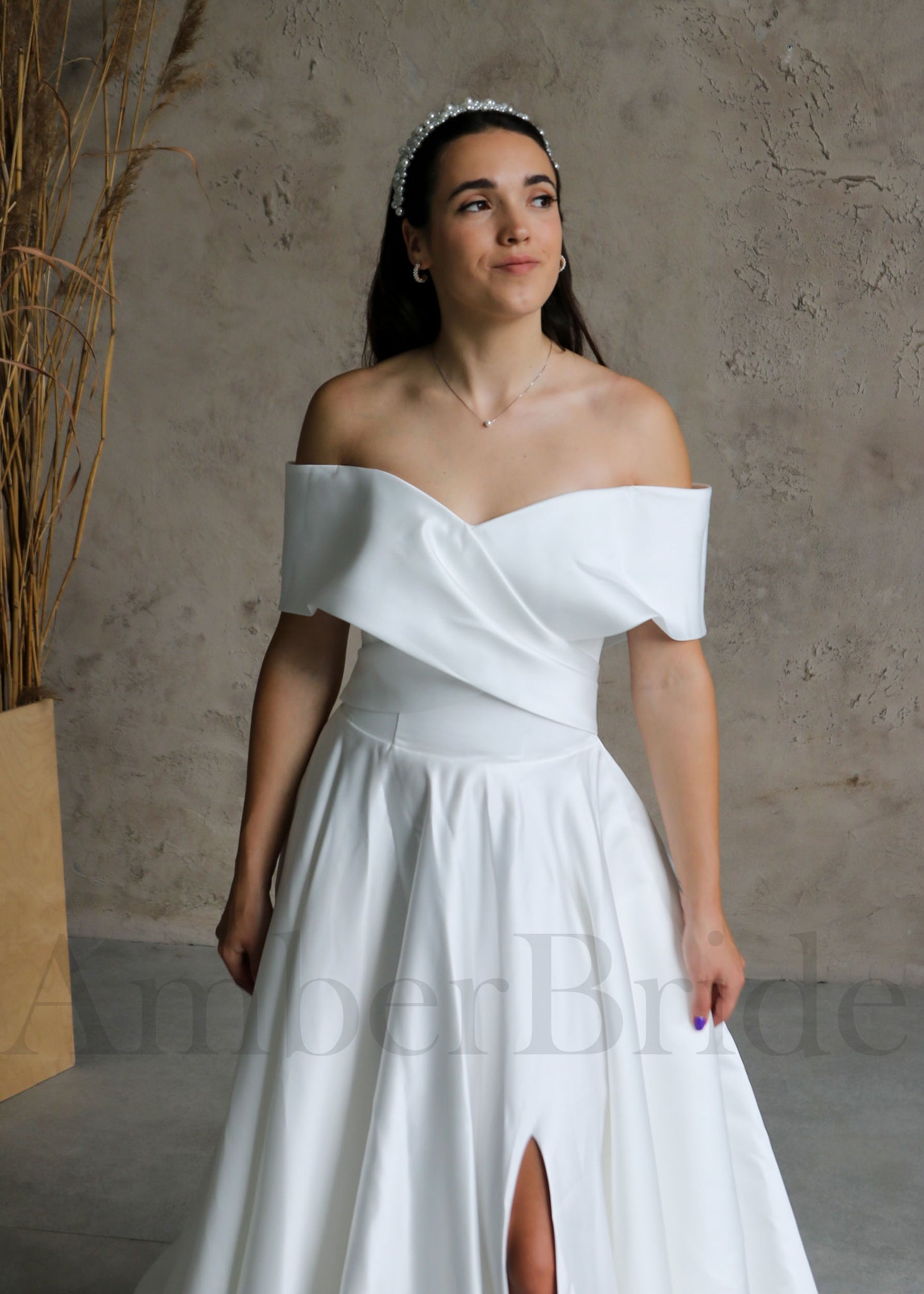 Elegant A Line Satin Wedding Dress with Off Shoulder Design and Slit
