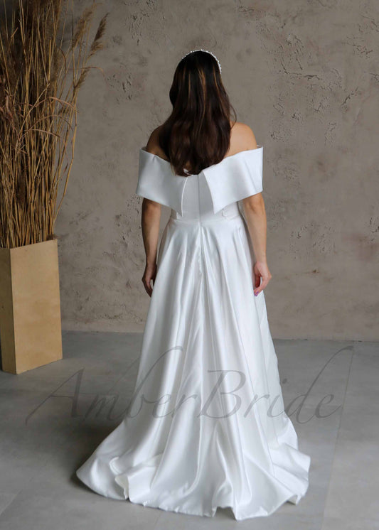 Simple A Line Satin Wedding Dress with Off Shoulder Design and Slit