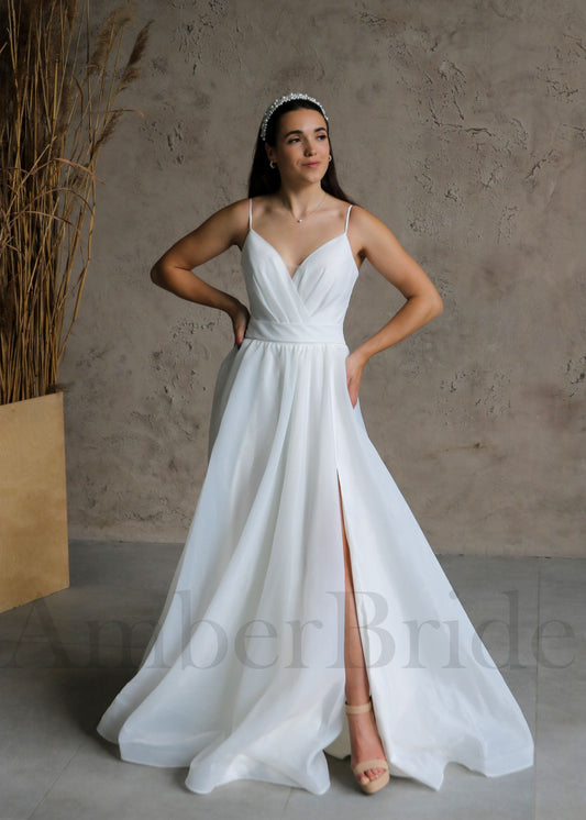 Simple A Line Organza Wedding Dress with Spaghetti Straps and Backless Design