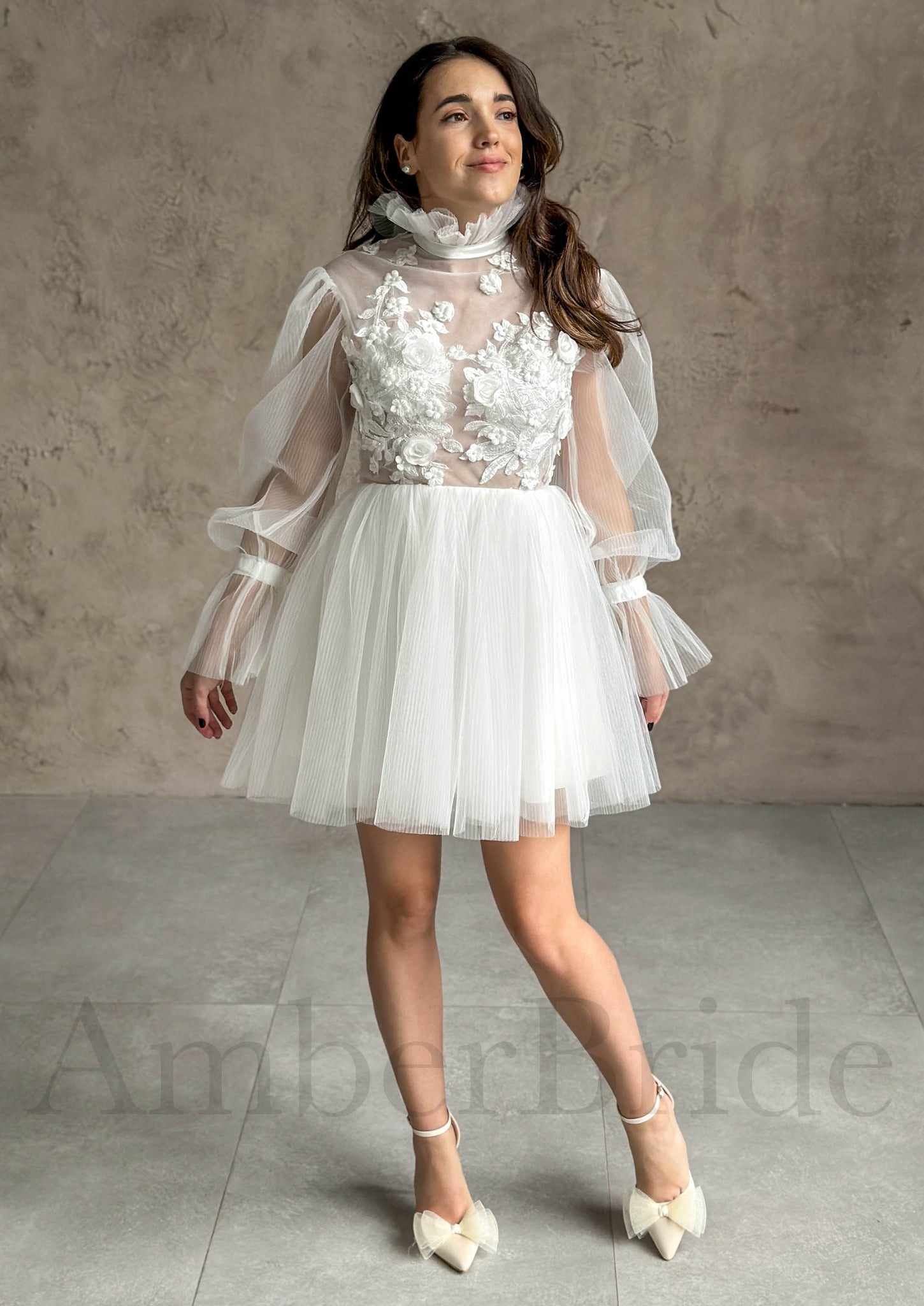 Floral Mini Tulle Dress with Long Puffy Sleeves and Backless Design
