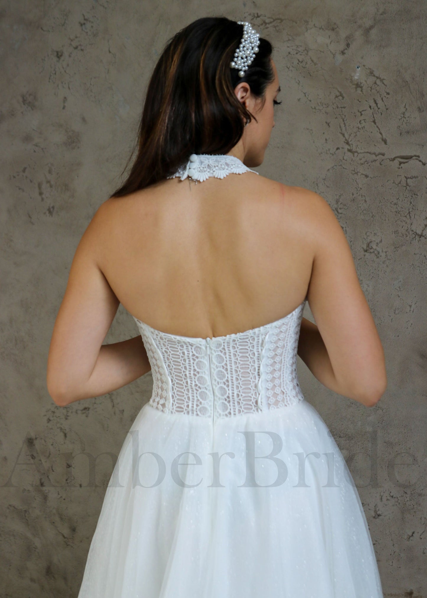 Boho Lace Wedding Dress with Halter Neck and Low Back